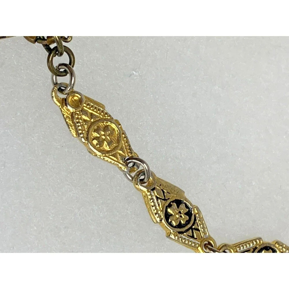 Vintage Damascene Bracelet Made In Spain Black Enamel Gold Tone Charm 7" - Picture 5 of 9
